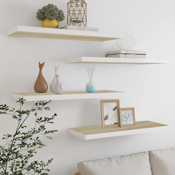 vidaXL væghylder 4 stk. 80x23,5x3,8 cm MDF egetræsfarve og hvid