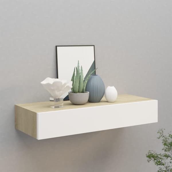 vidaXL væghylde med skuffe 60x23,5x10 cm MDF egetræsfarve hvid
