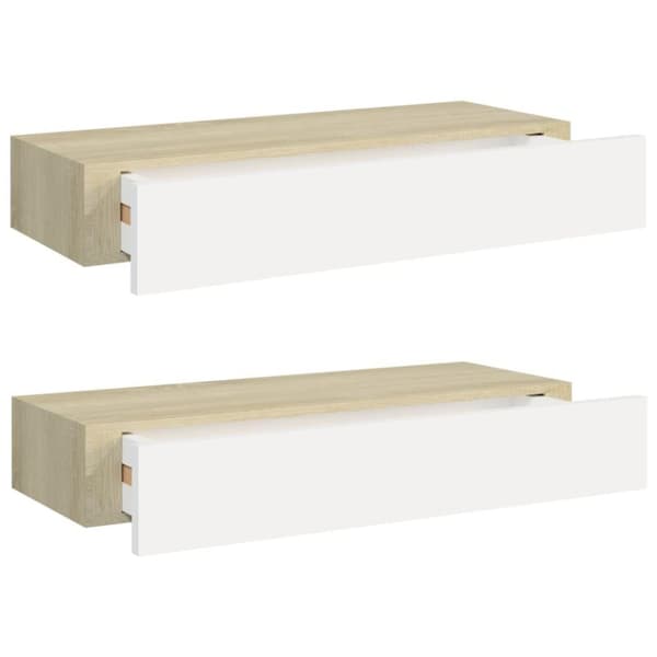 vidaXL hylder med skuffe 2 stk. 60x23,5x10 cm MDF egetræsfarve og hvid