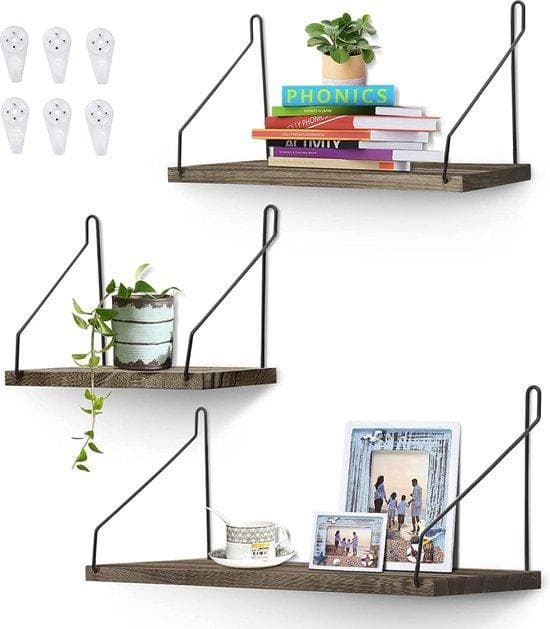 Vintage väggställ - metall och trä örtställ -modern väggdekoration - för vardagsrum, sovrum och kök -set av 3