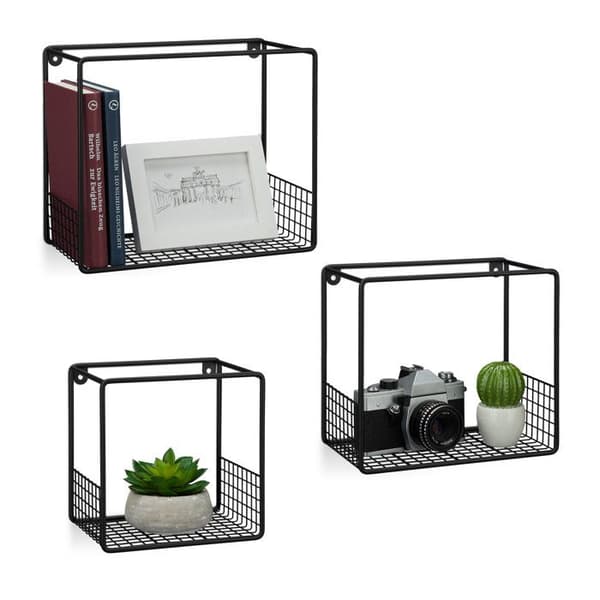 Relaxdays Hängeregale set med 3 kuber, väggstöd, förvaringsmöbel, galler, 15 cm, metall, svart
