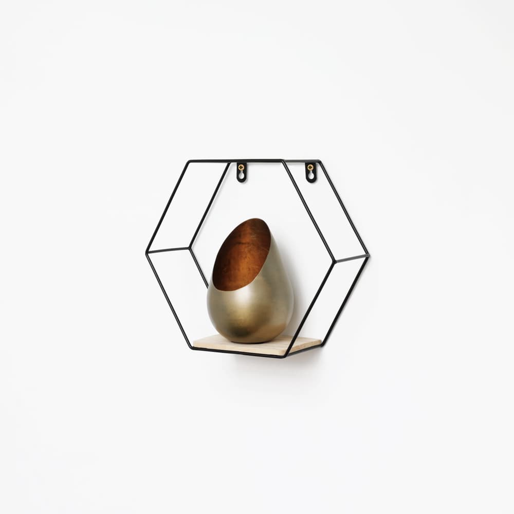 Sexkantigt väggställ i metall med 1 trähylla - 25x28,5 cm - Svart