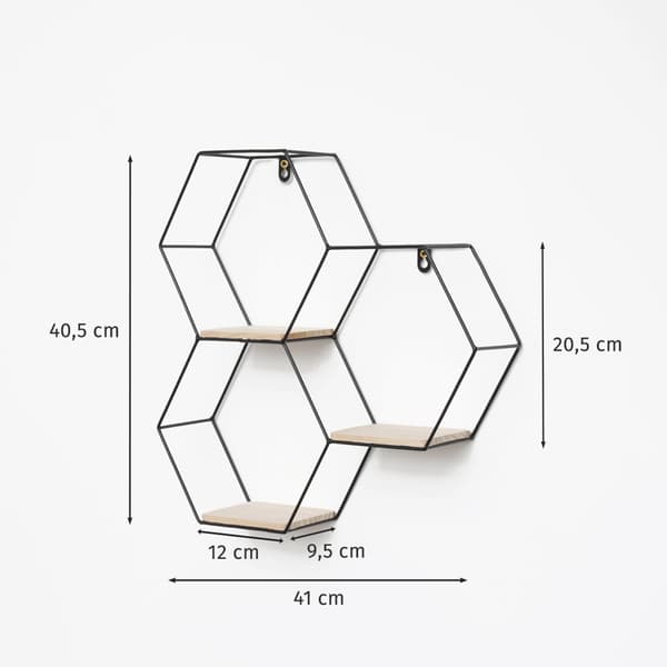 Kolminkertainen kuusikulmainen metalliseinäteline - 40,5x41 cm - Musta