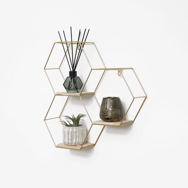 Tredobbelt sekskantet metalvægstativ - 40,5x41 cm - Guld