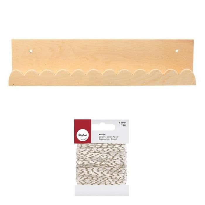 Vägghylla i trä 42 x 9 cm Festong + Gyllene & vitt snöre