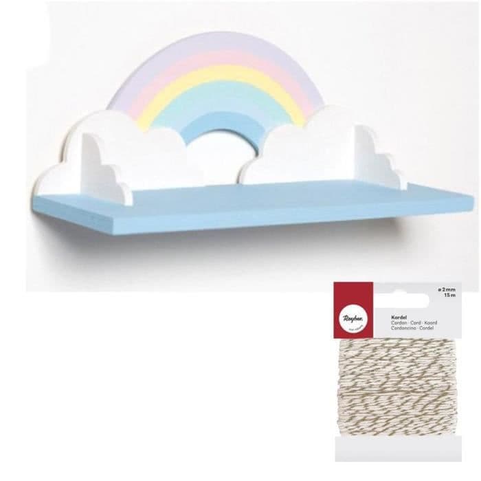 Regnbågshylla i trä 40 cm + Guld & vitt snöre 15 m