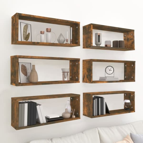 vidaXL Vegghyller kube 6 stk røkt eik 60x15x23 cm konstruert tre