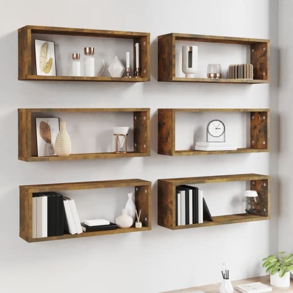 vidaXL Vegghyller kube 6 stk røkt eik 60x15x23 cm konstruert tre