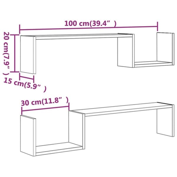 vidaXL Vegghyller 2 stk grå sonoma 100x15x20 cm konstruert tre