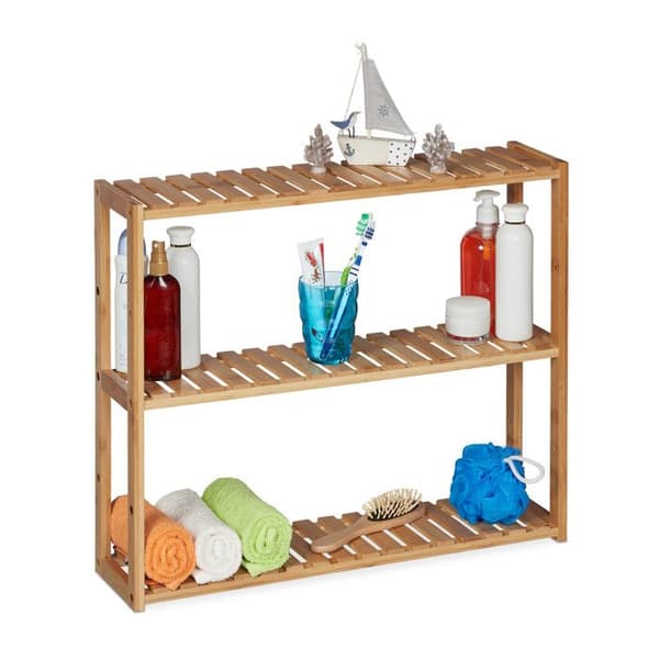 Relaxdays Bamboo vägghylla, 3 förvaringsutrymmen, justerbar höjd, HLP: 50 x 60 x 15 cm, badrum & kök, natur