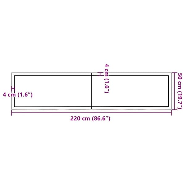 vidaXL væghylde 220x50x(2-6) cm ubehandlet massivt egetræ