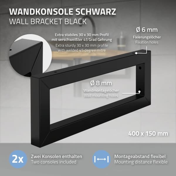 ML-Design 2-pack Väggkonsol för tvättställ; 400x150 mm; Svart; Stål; Design Tvättställshållare; Väggmontering för tvättställsskiva; Konsolhållare