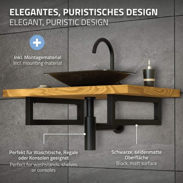 ML-Design 2-pack Väggkonsol för tvättställ; 400x150 mm; Svart; Stål; Design Tvättställshållare; Väggmontering för tvättställsskiva; Konsolhållare
