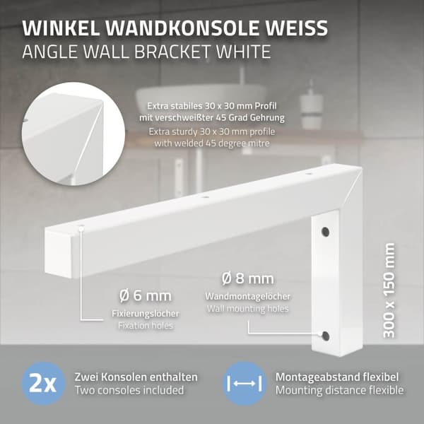 ML-Design 2 stk. Vægkonsol i L-form til håndvask; 300x150 mm; hvid; stål; design håndvaskholder; vægmontering til håndvaskplade; vask; konsolholder;