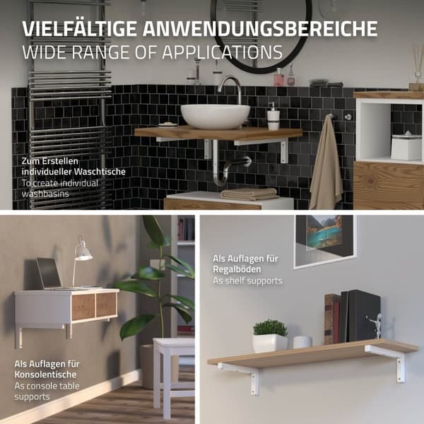 ML-Design 2 stk. Vægkonsol i L-form til håndvask; 300x150 mm; hvid; stål; design håndvaskholder; vægmontering til håndvaskplade; vask; konsolholder;