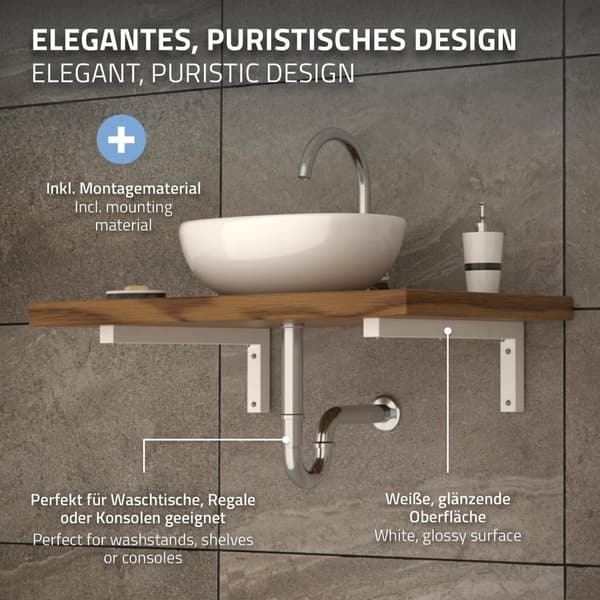 ML-Design 2 stk. Vægkonsol i L-form til håndvask; 300x150 mm; hvid; stål; design håndvaskholder; vægmontering til håndvaskplade; vask; konsolholder;