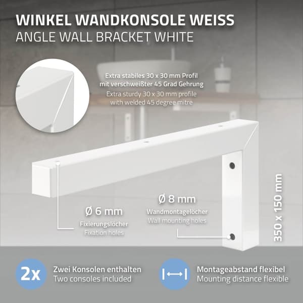 ML-Design 2 stk. Vægkonsol i L-form til håndvask; 350x150 mm; hvid; stål; design håndvaskholder; vægmontering til håndvaskplade; vaskeskål;