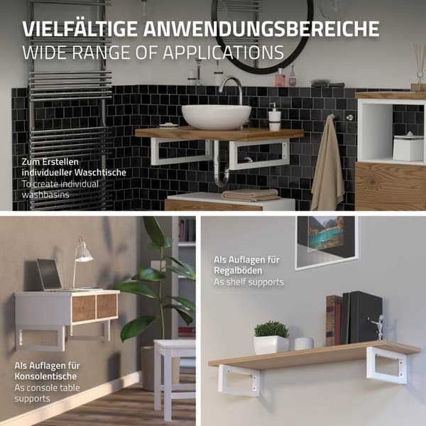 ML-Design 2 kpl seinäkonsoli pesualtaalle; 450x150 mm; valkoinen; teräs; design pesualtaan tuki; seinäteline pesualtaan alustalle; konsolituki
