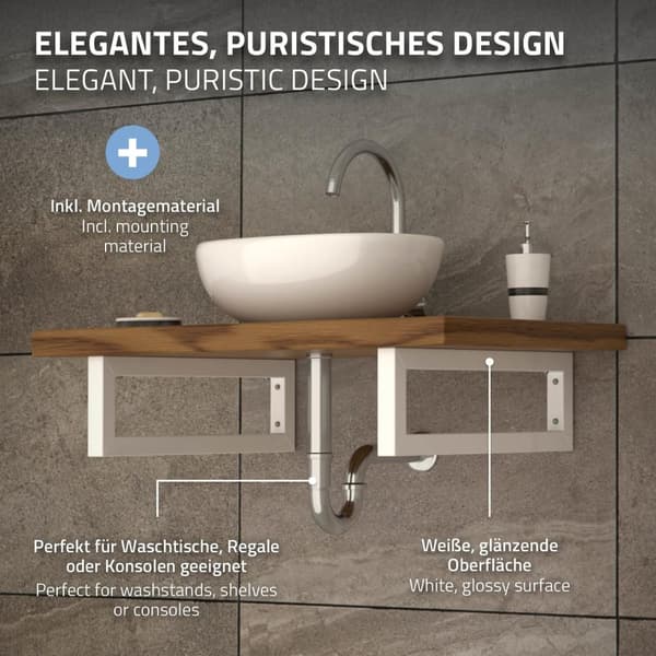 ML-Design 2 kpl seinäkonsoli pesualtaalle; 450x150 mm; valkoinen; teräs; design pesualtaan tuki; seinäteline pesualtaan alustalle; konsolituki