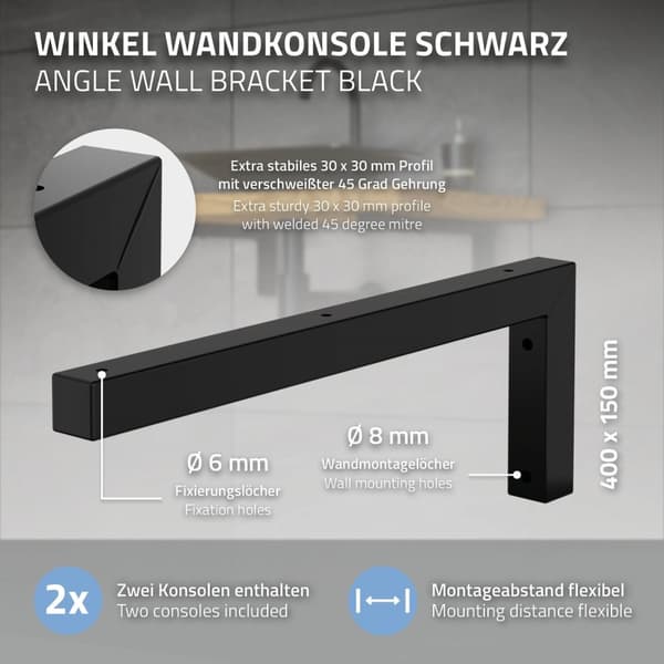 ML-Design 2 stk. Vægkonsol i L-form til håndvask; 400x150 mm Sort stål; Design håndvaskholder; Vægmontering til håndvaskplade og vask; Konsolholder