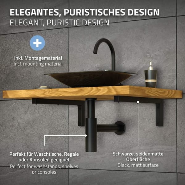 ML-Design 2 stk. Vægkonsol i L-form til håndvask; 400x150 mm Sort stål; Design håndvaskholder; Vægmontering til håndvaskplade og vask; Konsolholder