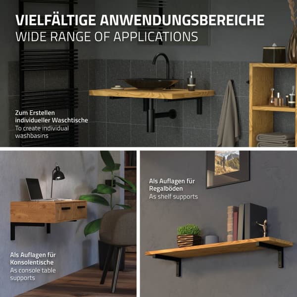 ML-Design 2 stk. Vægkonsol i L-form til håndvask; 450x150 mm Sort stål; Design håndvaskholder; Vægmontering til håndvaskplade og vask; Konsolholder