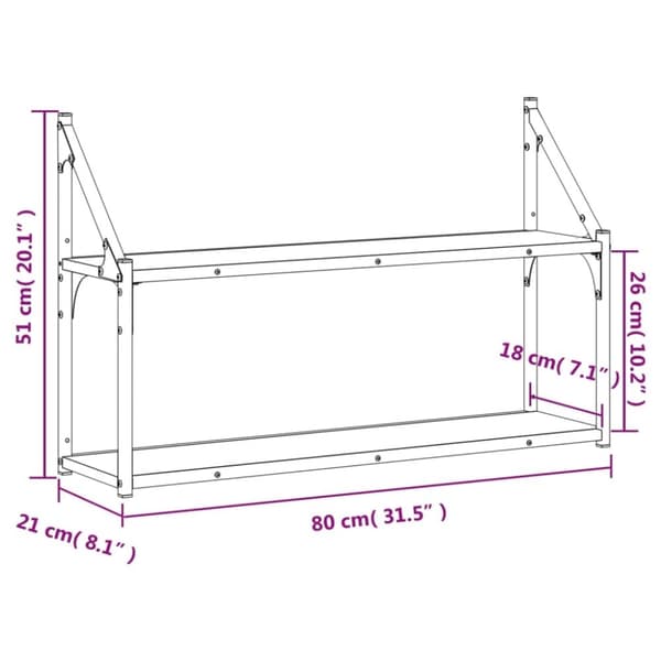 vidaXL vægreol med 2 hylder 80x21x51 cm konstrueret træ røgfarvet eg