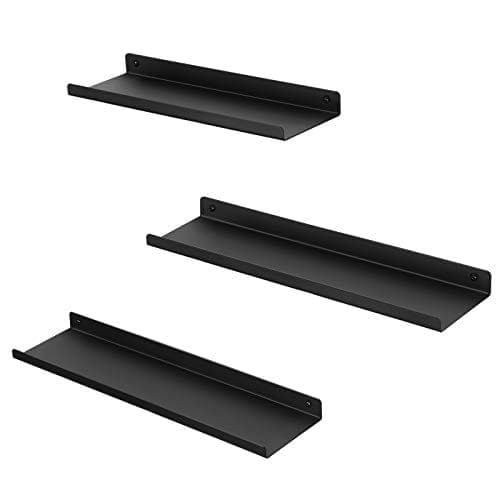 Songmics metall vägghyllor, set med 3 flytande hyllor, industriell stil, för dekorationer, svart