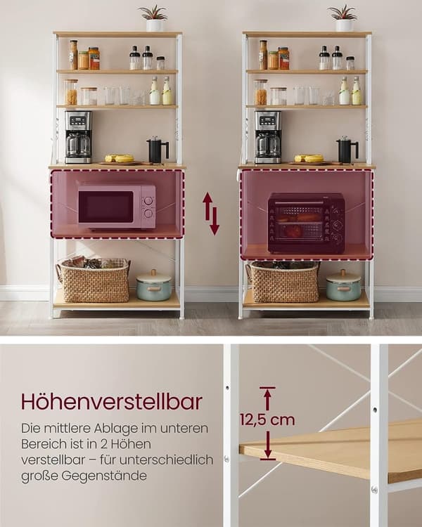 Vasagle køkkenhyldestativ mikroovnhyldestativ 6 niveau 6 hylder og 6 kroge, eg hvid