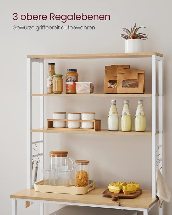 Vasagle køkkenhyldestativ mikroovnhyldestativ 6 niveau 6 hylder og 6 kroge, eg hvid