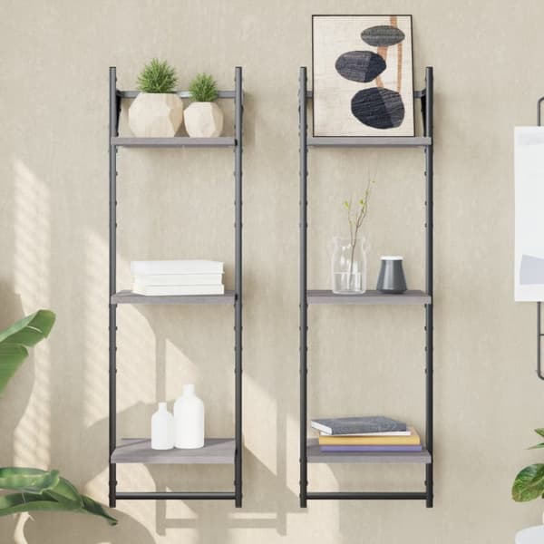 vidaXL væghylder 2 stk. m. stænger og 3 hylder 30x25x65 cm grå sonoma