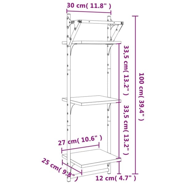 vidaXL Vägghyllor 3-plan med stänger 2 st rökfärgad ek 30x25x100 cm