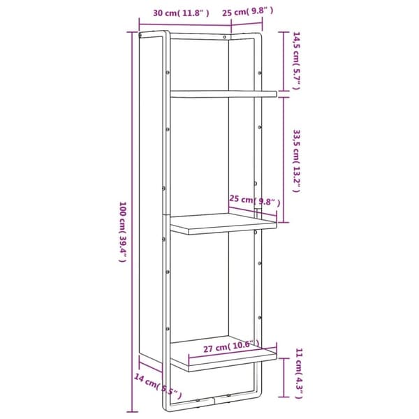 vidaXL vægreol med 3 hylder 30x25x100 cm konstrueret træ brunt eg