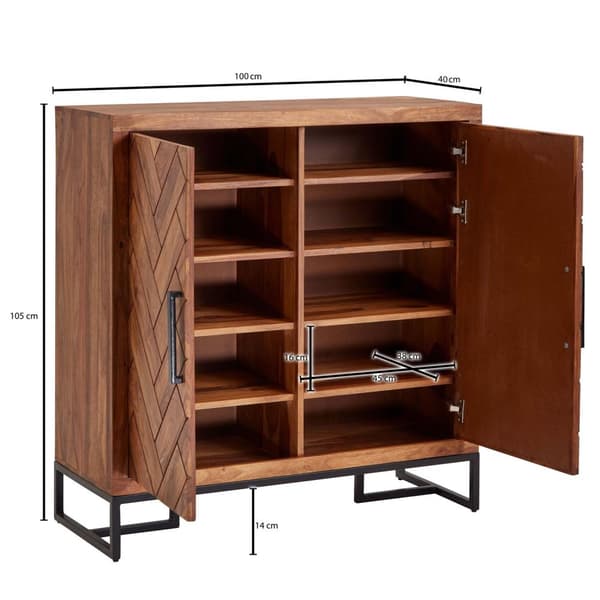 Rootz skoskåp massivt sheesham trä 100x105x10 cm skoställ stängt - Design sko byrå med hylla - Skoförvaring hall byrå för skor hög
