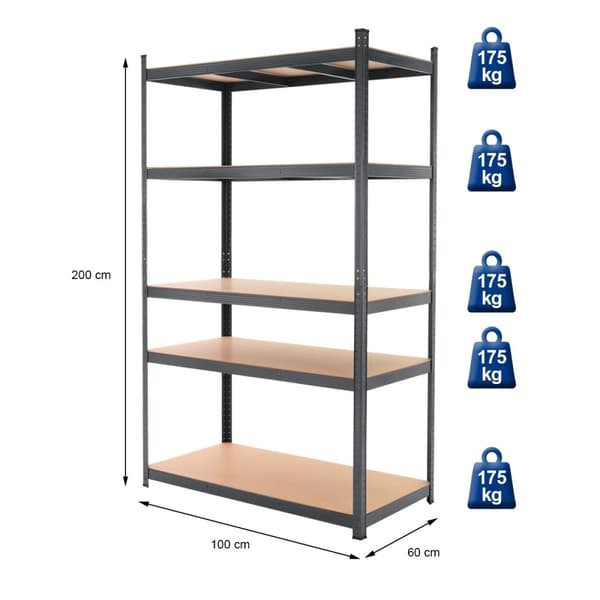 ECD Germany 2 kpl työpajahyllyä; raskaan kuorman hylly; 200x100x60 cm; antrasiitti; pulverimaalattu metalli; 5 MDF-puuhyllyä; kantavuus 875 kg;