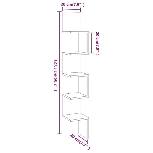 væghængt hjørnehylde 20x20x127,5 cm konstrueret træ røget eg