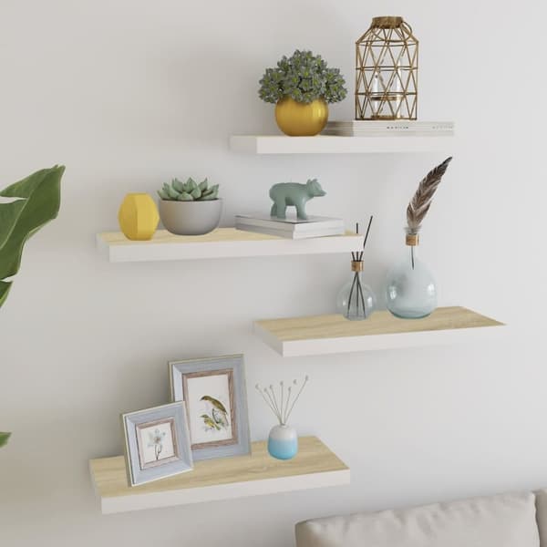 Svävande vägghyllor 4 st ek och vit 60x23,5x3,8 cm MDF