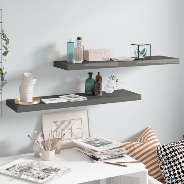 væghylder 2 stk. 90x23,5x3,8 cm MDF grå højglans