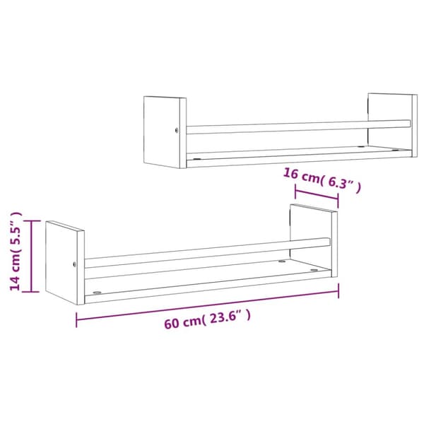 væghylder med stænger 2 stk. 60x16x14 cm sonoma-eg