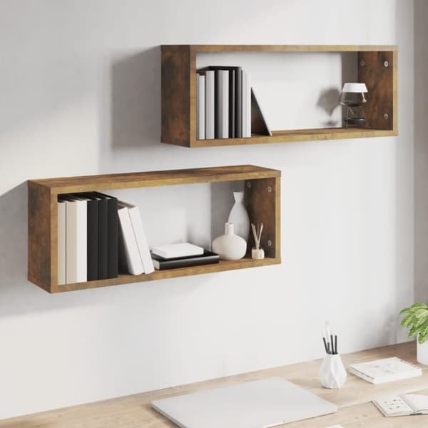 Seinäkuutiohyllyt 2 kpl savutammi 60x15x23 cm tekninen puu