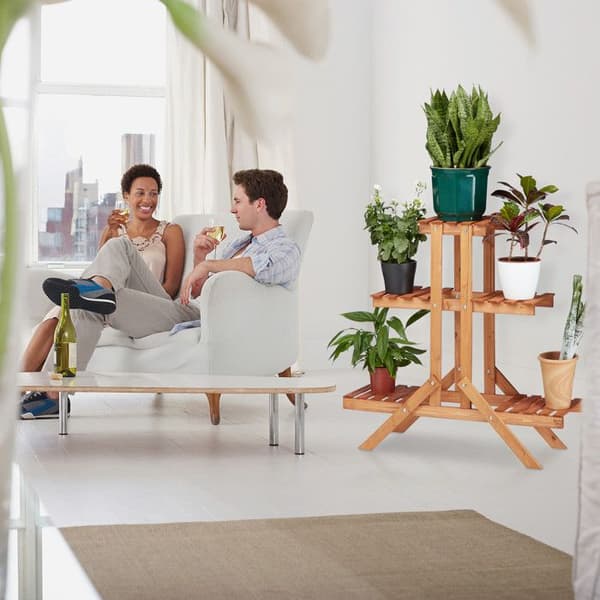 Relaxdays Blommställ i trä, trappa för växter, stege 3 våningar 5 platser HxlxB: 82,5 x 83 x 28,5 cm, mörkbrun