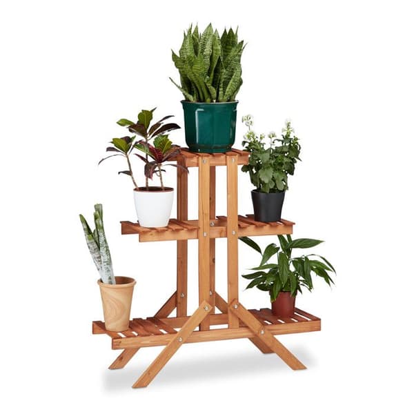 Relaxdays Trä Blomsterhylla Växttrappa Stege 3 våningar 5 platser HxBxD: 82,5 x 83 x 28,5 cm, honungsbrun