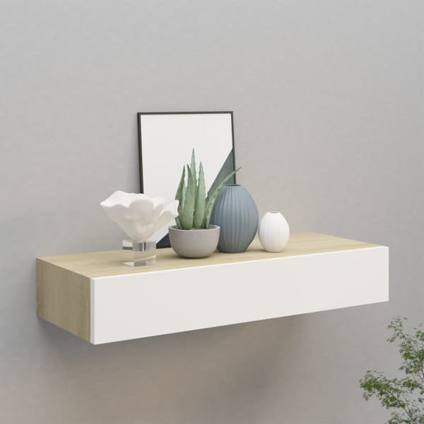 vidaXL væghylder m. skuffer 2 stk. 60x23,5x10 cm MDF egetræsfarve hvid - Væghylder & smalle hylder
