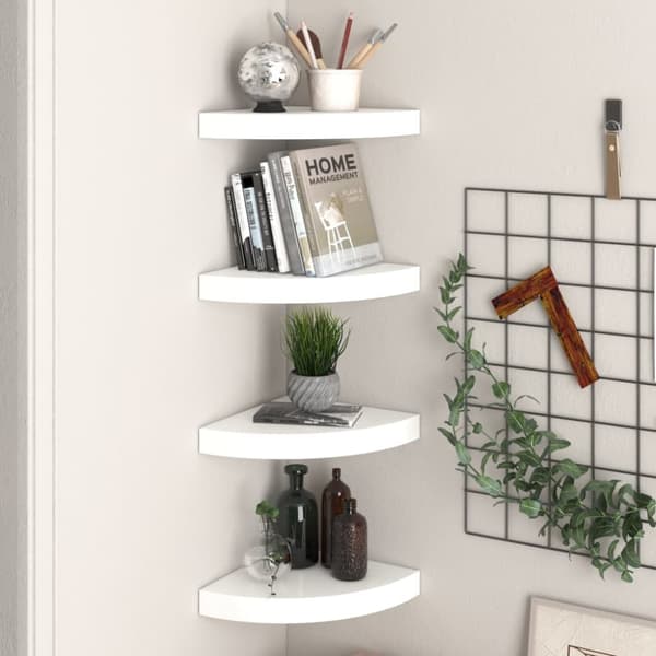 vidaXL Kelluvat kulmahyllyt 4 kpl korkeakiilto valk. 25x25x3,8 cm MDF - Seinähyllyt