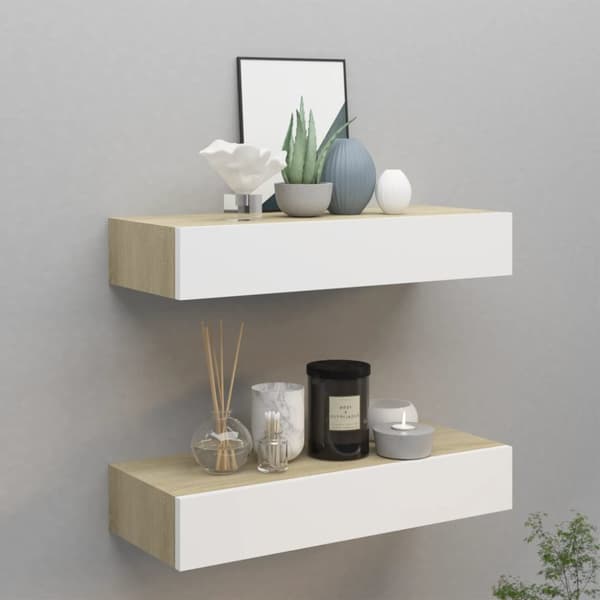 vidaXL hylder med skuffe 2 stk. 60x23,5x10 cm MDF egetræsfarve og hvid - Væghylder & smalle hylder
