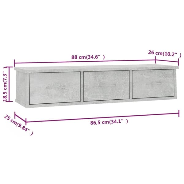 vidaXL vægskab med skuffer 88 x 26 x 18,5 cm spånplade betongrå - Væghylder & smalle hylder