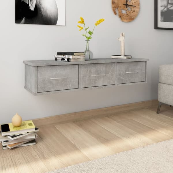 vidaXL vægskab med skuffer 88 x 26 x 18,5 cm spånplade betongrå -  Væghylder & smalle hylder