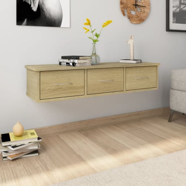vidaXL vægskab med skuffer 88 x 26 x 18,5 cm spånplade sonoma-eg -  Væghylder & smalle hylder