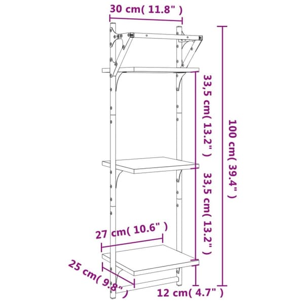 vidaXL Vägghyllor 3-plan med stänger 2 st svart 30x25x100 cm - Vägghyllor & fönsterbrädor