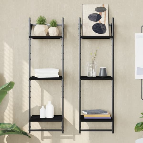 vidaXL Vägghyllor 3-plan med stänger 2 st svart 30x25x100 cm - Vägghyllor & fönsterbrädor